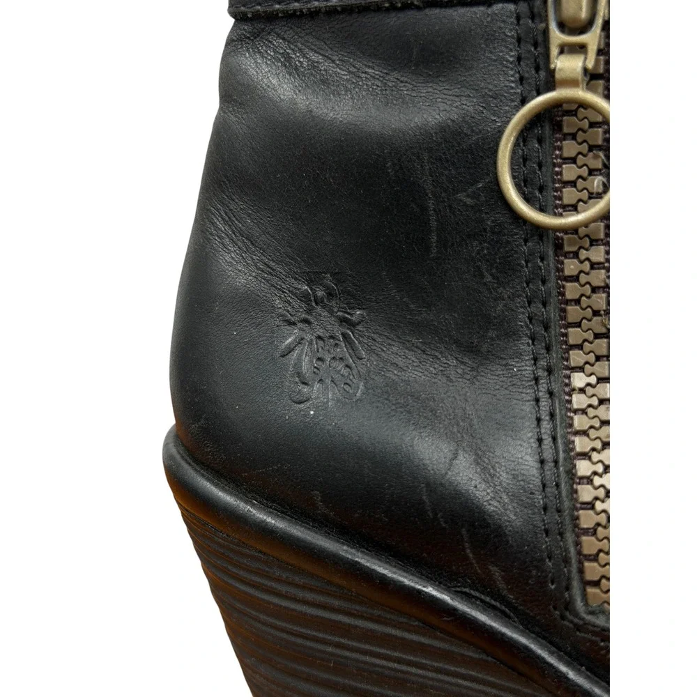 Fly London Wedge Ankle Checker Boot Women SZ 36 5.5 Black Leather Suede Comfort